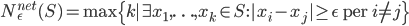 N^{net}_\epsilon(S)=\max\{k\mid \exists x_1,\ldots, x_k\in S : |x_i-x_j|\geq\epsilon\mbox{ per }i\neq j\}